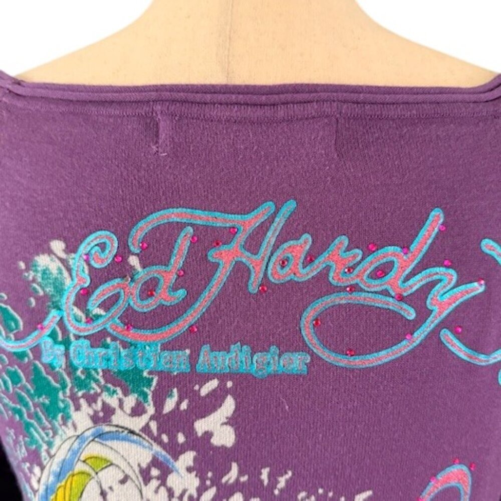 Ed Hardy Sweater Dress Beauty Graphic Print Rhinestone Purple Long Sleeves M EUC - Picture 9 of 16